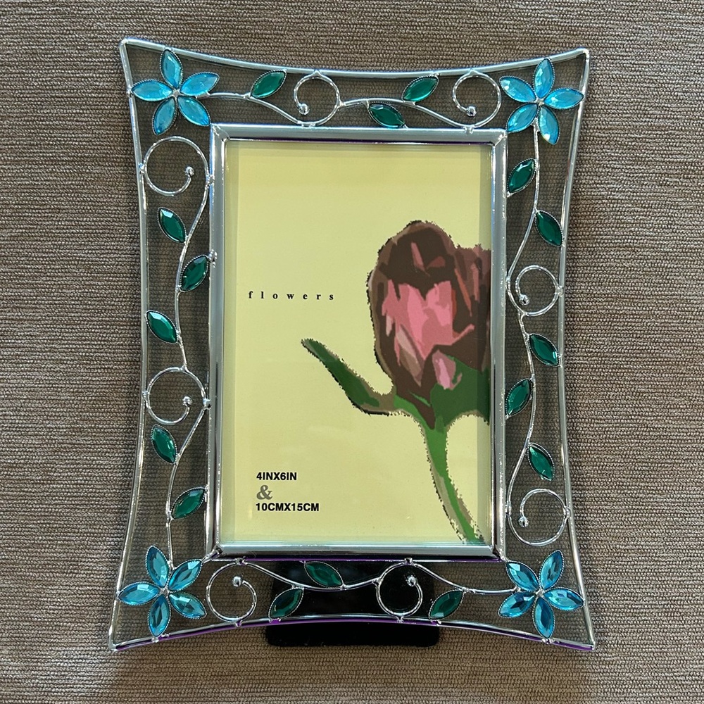 Floral Picture Frame with Blue and Green Faux Crystal Accents